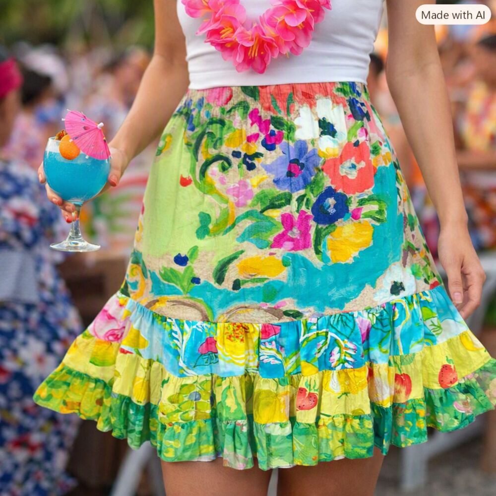 Jams World Hattie Skirt L Flower Kiss Print Lime Green Pink Aqua Yellow FUN - Picture 5 of 8